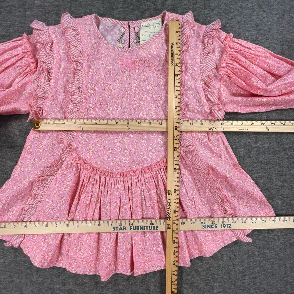 Dee Man India Sample Floral Gingham Ruffle Blouse Embroidered Back Boho S OOAK - Picture 5 of 10